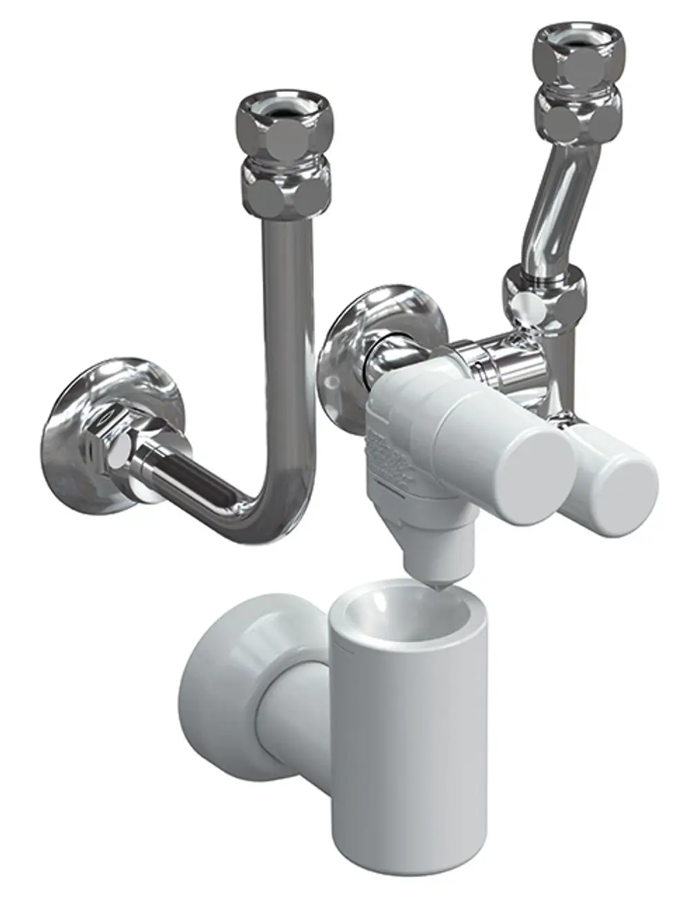 Syr Sicherheitsgruppe in verchromtem Metall mit zwei Anschlüssen, einem Hahn und einer geraden Verbindung, geeignet für Wasserinstallationen.